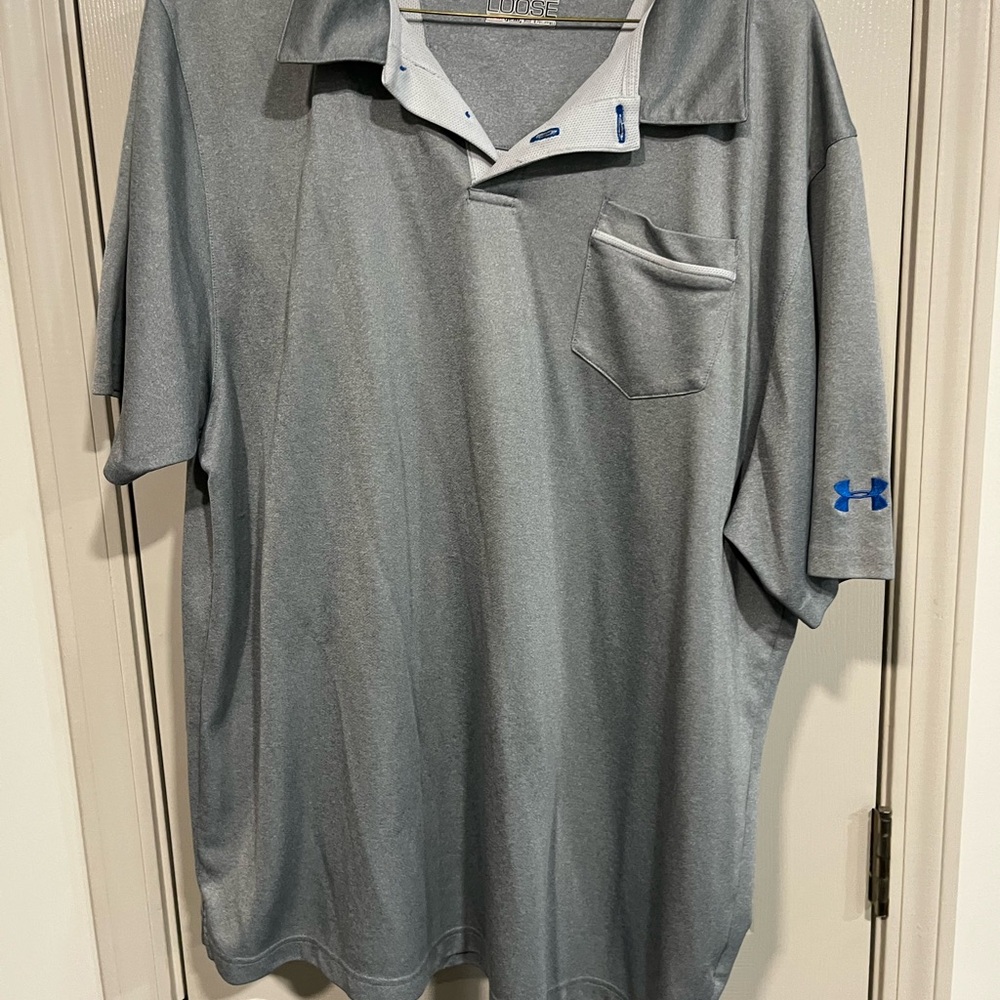 Under Armour Men's Heather Gray Polo with Blue Logo